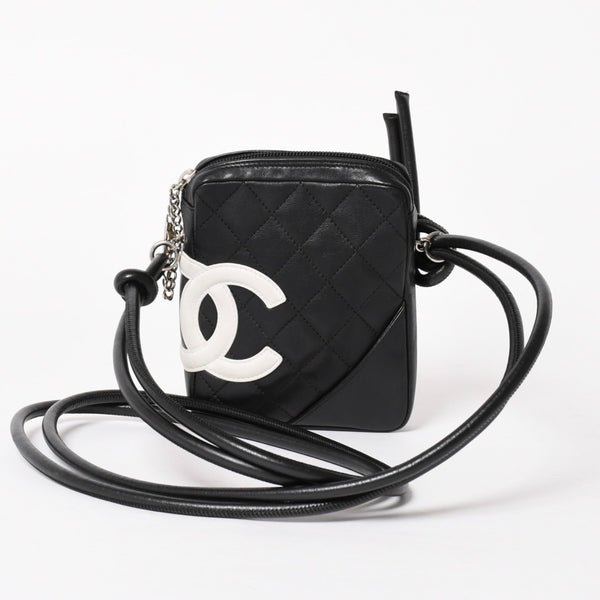 極美品 CHANEL シャネル ミニ カンボン ショルダーバッグ ミッディアムポシェット ブラック ホワイト 9番台 ラムスキン 中古 4a005895