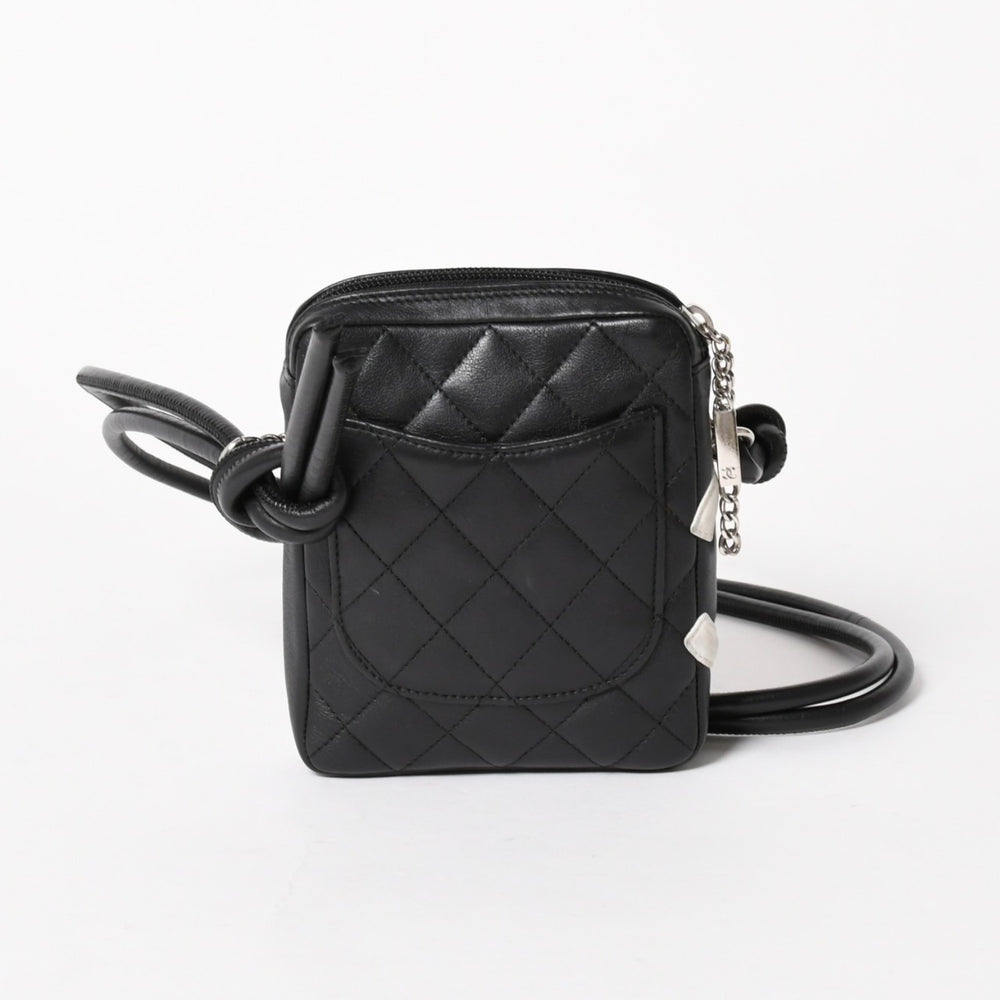 極美品 CHANEL シャネル ミニ カンボン ショルダーバッグ ミッディアムポシェット ブラック ホワイト 9番台 ラムスキン 中古 4a005895