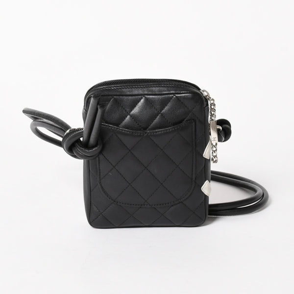 極美品 CHANEL シャネル ミニ カンボン ショルダーバッグ ミッディアムポシェット ブラック ホワイト 9番台 ラムスキン 中古 4a005895