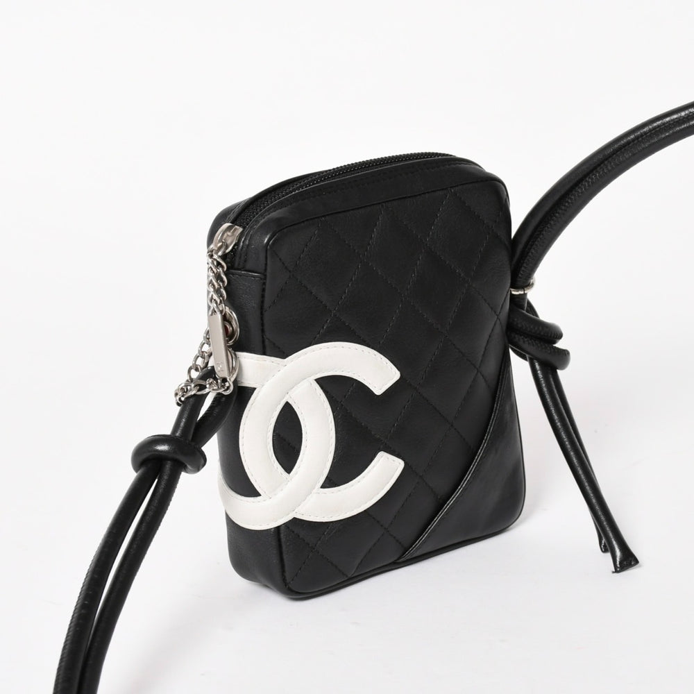 極美品 CHANEL シャネル ミニ カンボン ショルダーバッグ ミッディアムポシェット ブラック ホワイト 9番台 ラムスキン 中古 4a005895