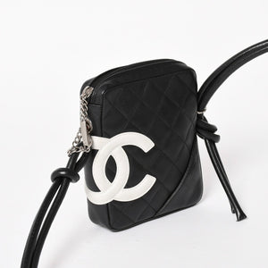 極美品 CHANEL シャネル ミニ カンボン ショルダーバッグ ミッディアムポシェット ブラック ホワイト 9番台 ラムスキン 中古 4a005895