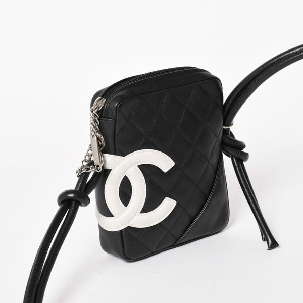 極美品 CHANEL シャネル ミニ カンボン ショルダーバッグ ミッディアムポシェット ブラック ホワイト 9番台 ラムスキン 中古 4a005895