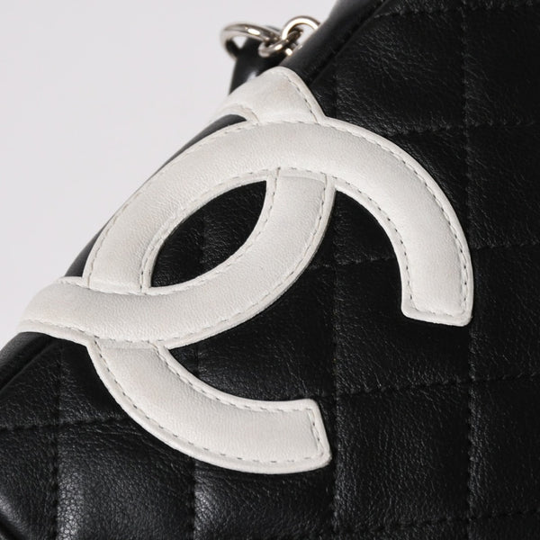 極美品 CHANEL シャネル ミニ カンボン ショルダーバッグ ミッディアムポシェット ブラック ホワイト 9番台 ラムスキン 中古 4a005895