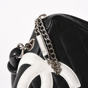 極美品 CHANEL シャネル ミニ カンボン ショルダーバッグ ミッディアムポシェット ブラック ホワイト 9番台 ラムスキン 中古 4a005895