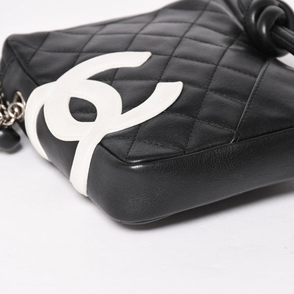 極美品 CHANEL シャネル ミニ カンボン ショルダーバッグ ミッディアムポシェット ブラック ホワイト 9番台 ラムスキン 中古 4a005895