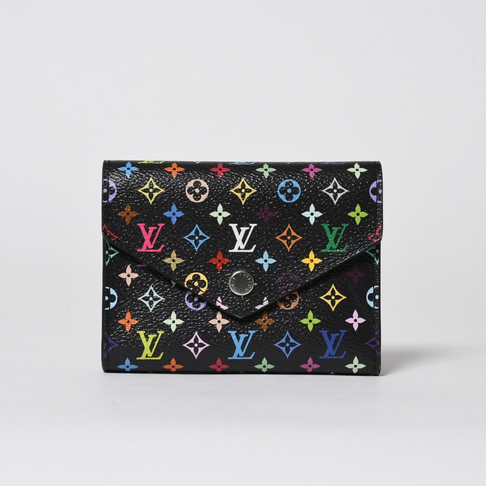 新品同様品 LOUIS VUITTON ルイヴィトン 村上隆 モノグラムマルチカラー ポルトフォイユ 三つ折り財布 M14163 ブラック マルチカラー シルバー金具 中古 4a006093