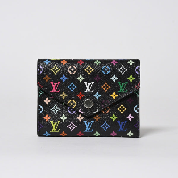 新品同様品 LOUIS VUITTON ルイヴィトン 村上隆 モノグラムマルチカラー ポルトフォイユ 三つ折り財布 M14163 ブラック マルチカラー シルバー金具 中古 4a006093