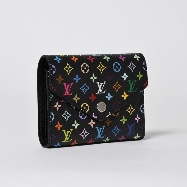新品同様品 LOUIS VUITTON ルイヴィトン 村上隆 モノグラムマルチカラー ポルトフォイユ 三つ折り財布 M14163 ブラック マルチカラー シルバー金具 中古 4a006093