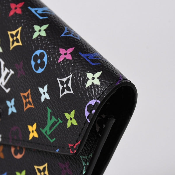 新品同様品 LOUIS VUITTON ルイヴィトン 村上隆 モノグラムマルチカラー ポルトフォイユ 三つ折り財布 M14163 ブラック マルチカラー シルバー金具 中古 4a006093