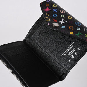 新品同様品 LOUIS VUITTON ルイヴィトン 村上隆 モノグラムマルチカラー ポルトフォイユ 三つ折り財布 M14163 ブラック マルチカラー シルバー金具 中古 4a006093