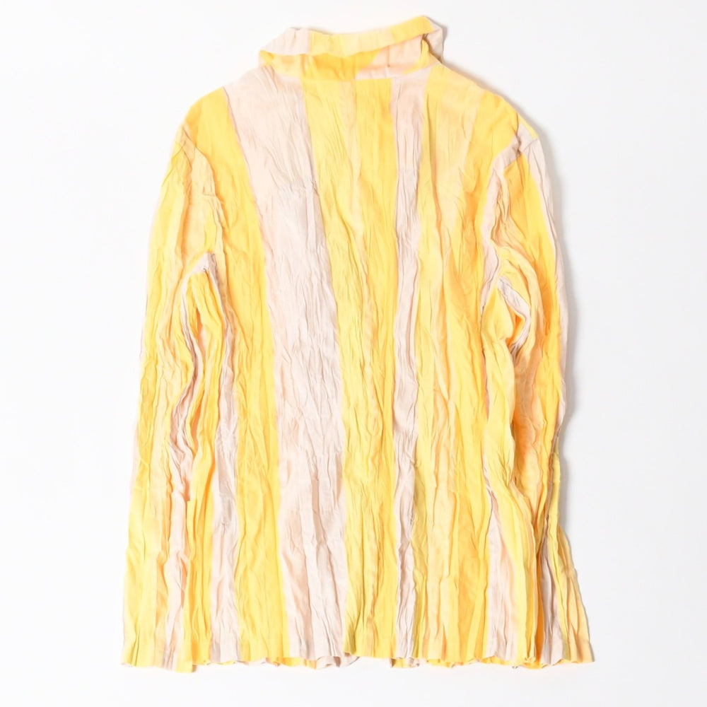 極美品 ISSEI MIYAKE イッセイミヤケ シワ加工 ストライプ カーディガン シャツジャケット イエロー ホワイト 中古 4a006015
