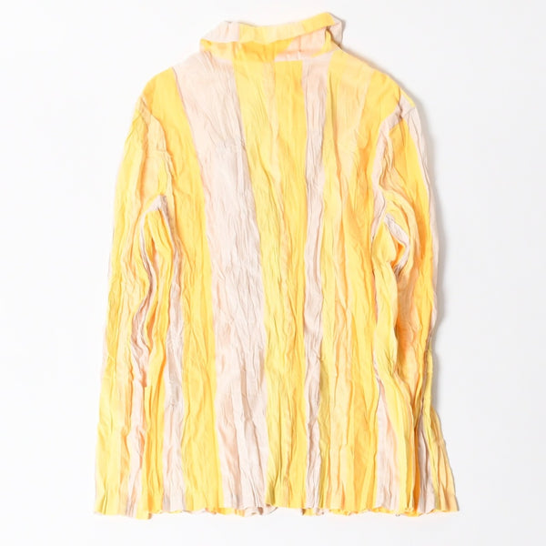 極美品 ISSEI MIYAKE イッセイミヤケ シワ加工 ストライプ カーディガン シャツジャケット イエロー ホワイト 中古 4a006015