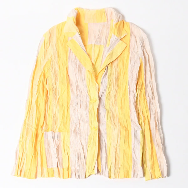 極美品 ISSEI MIYAKE イッセイミヤケ シワ加工 ストライプ カーディガン シャツジャケット イエロー ホワイト 中古 4a006015