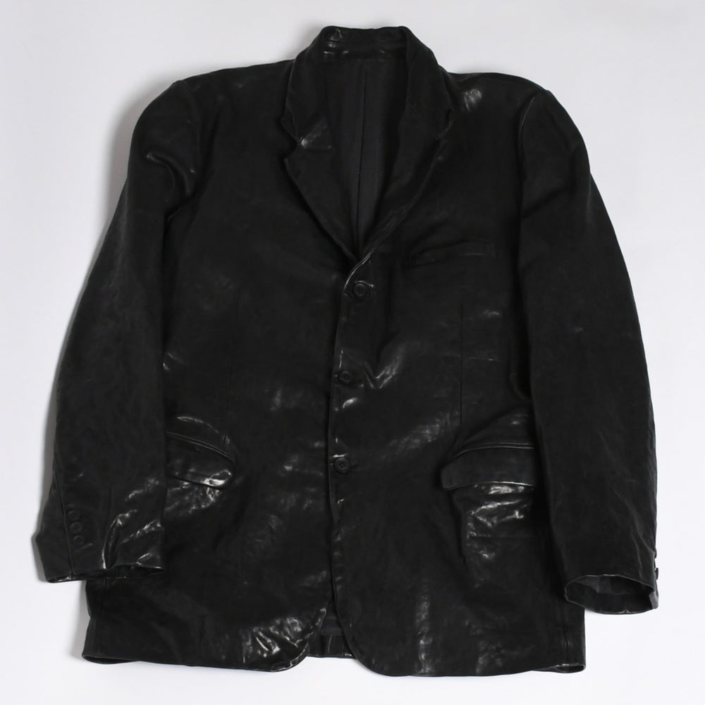 極美品 YOHJI YAMAMOTO ヨウジヤマモト ISAMU KATAYAMA BACKLASH 2026SS 3ボタン テーラードジャケット HK-J96-700 レザー サイズ4 中古 4a006127