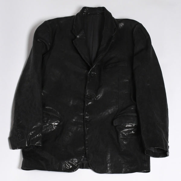 極美品 YOHJI YAMAMOTO ヨウジヤマモト ISAMU KATAYAMA BACKLASH 2026SS 3ボタン テーラードジャケット HK-J96-700 レザー サイズ4 中古 4a006127