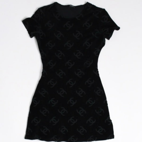 極美品 CHANEL シャネル VINTAGE ヴィンテージ ベロア ワンピース サイズ42 ココマーク ブラック アーカイブ 総柄 中古 4a006026
