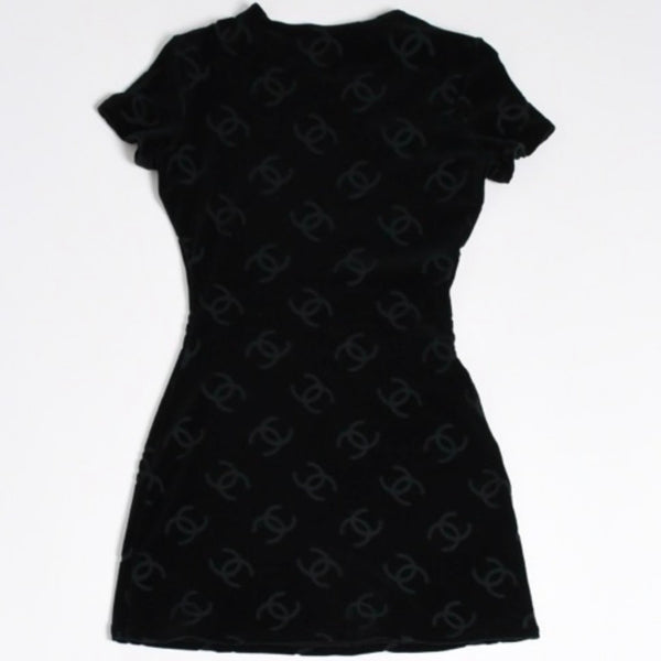 極美品 CHANEL シャネル VINTAGE ヴィンテージ ベロア ワンピース サイズ42 ココマーク ブラック アーカイブ 総柄 中古 4a006026