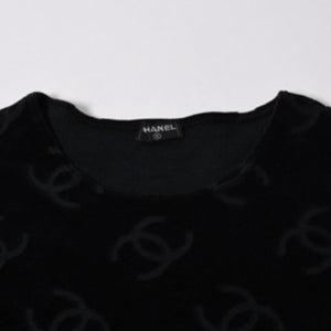 極美品 CHANEL シャネル VINTAGE ヴィンテージ ベロア ワンピース サイズ42 ココマーク ブラック アーカイブ 総柄 中古 4a006026
