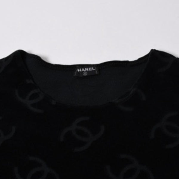 極美品 CHANEL シャネル VINTAGE ヴィンテージ ベロア ワンピース サイズ42 ココマーク ブラック アーカイブ 総柄 中古 4a006026