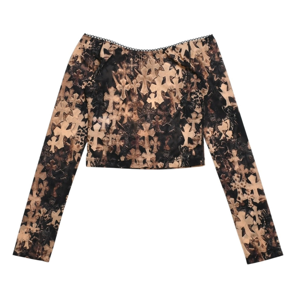 新品未使用 CHROME HEARTS クロムハーツ All Over Cross Print Mesh Long Sleeve Tops セメタリークロス ロンT Sサイズ 中古 4a006029