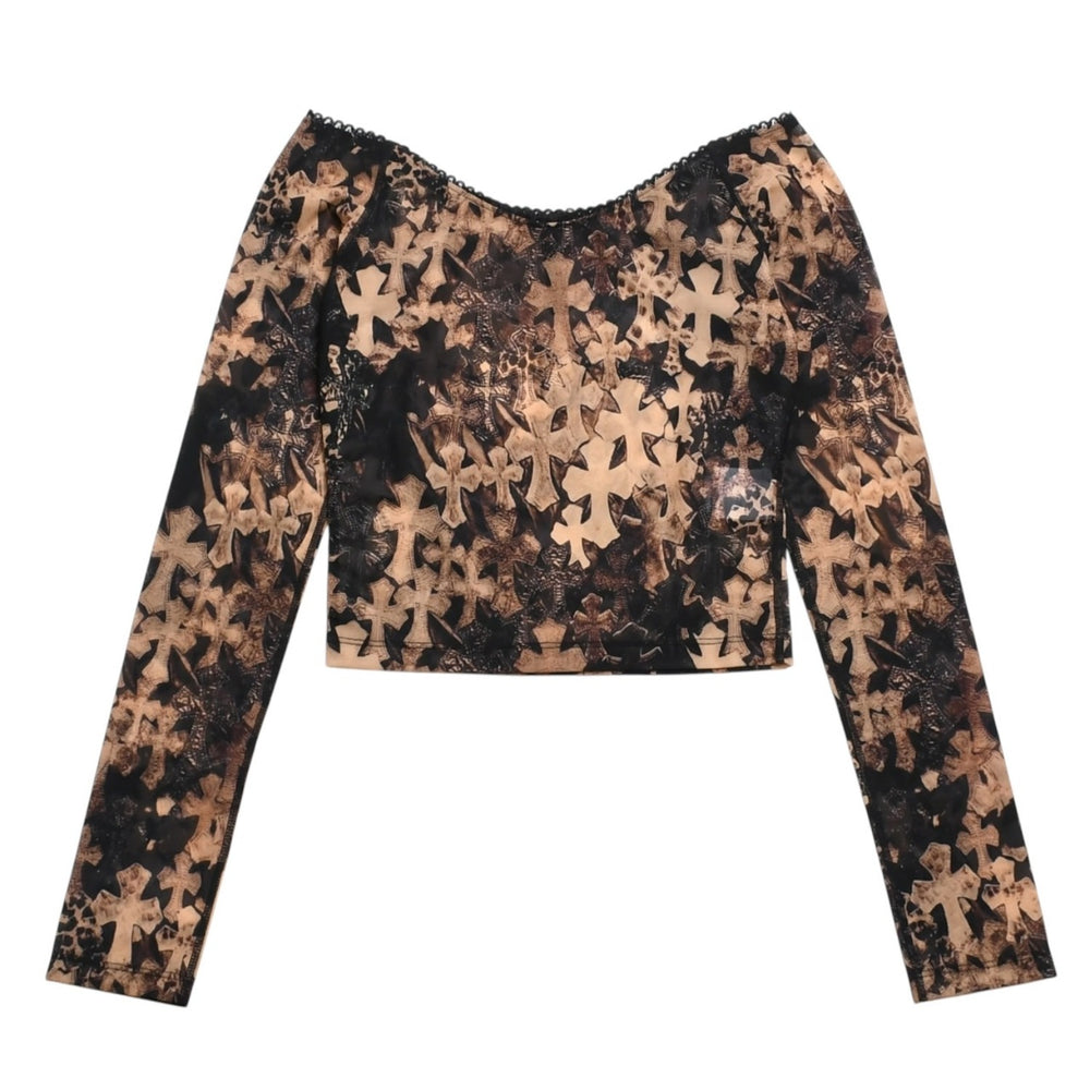 新品未使用 CHROME HEARTS クロムハーツ All Over Cross Print Mesh Long Sleeve Tops セメタリークロス ロンT Sサイズ 中古 4a006029