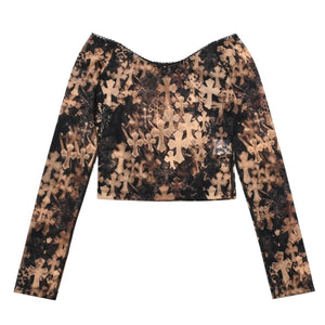 新品未使用 CHROME HEARTS クロムハーツ All Over Cross Print Mesh Long Sleeve Tops セメタリークロス ロンT Sサイズ 中古 4a006029