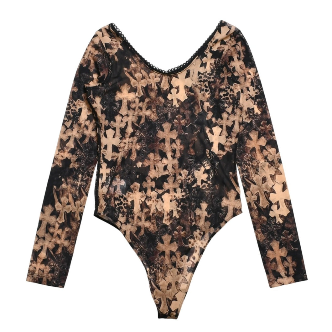 新品未使用 CHROME HEARTS クロムハーツ Waterfall Cross Print Mesh Bodysuit セメタリークロス ボディスーツ Sサイズ 中古 4a003150 新品未使用 CHROME HEARTS クロムハーツ Waterfall Cross Print Mesh