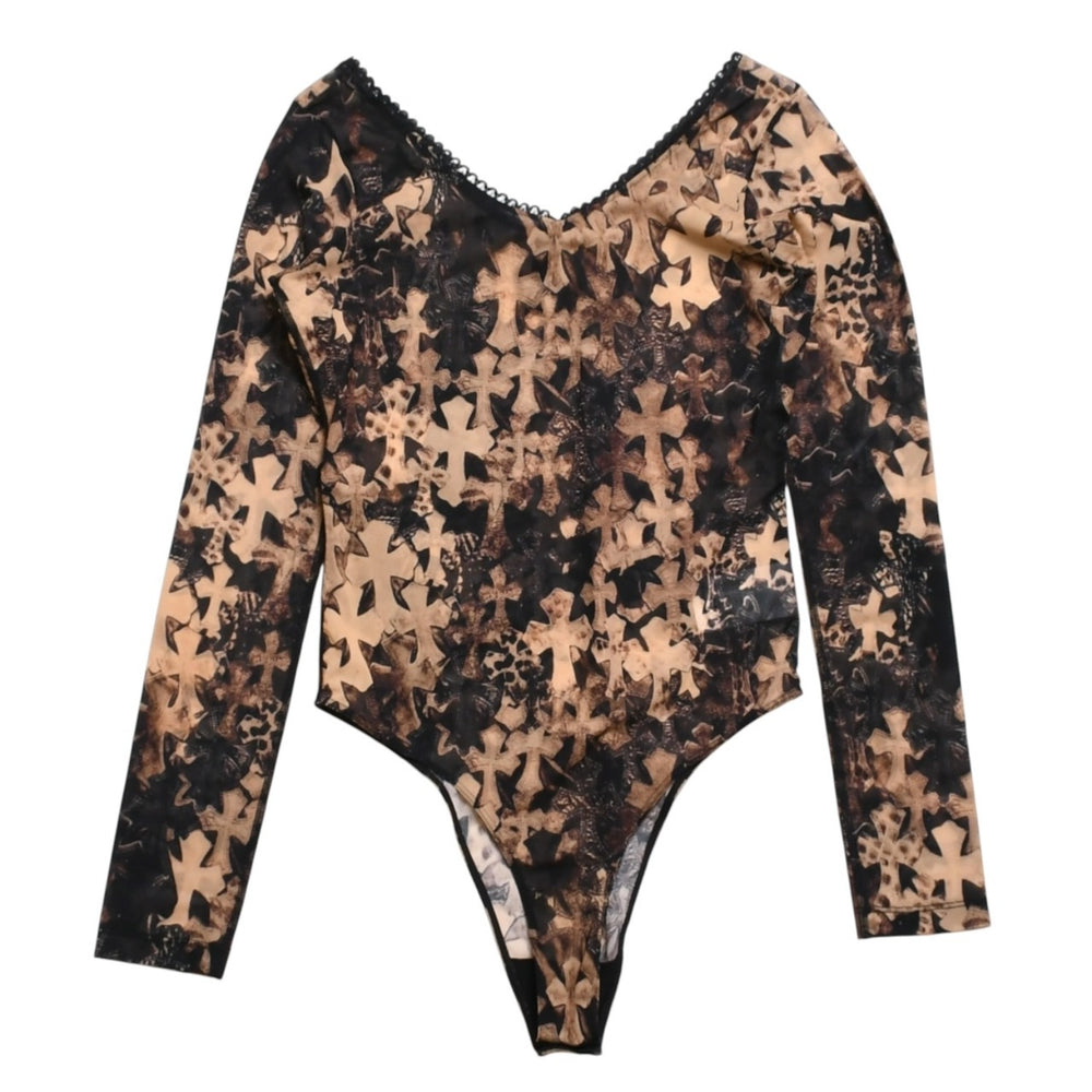 新品未使用 CHROME HEARTS クロムハーツ Waterfall Cross Print Mesh Bodysuit セメタリークロス ボディスーツ Sサイズ 中古 4a003150