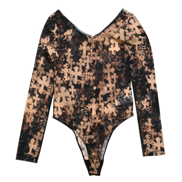 新品未使用 CHROME HEARTS クロムハーツ Waterfall Cross Print Mesh Bodysuit セメタリークロス ボディスーツ Sサイズ 中古 4a003150