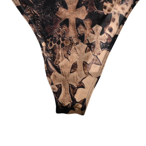 新品未使用 CHROME HEARTS クロムハーツ Waterfall Cross Print Mesh Bodysuit セメタリークロス ボディスーツ Sサイズ 中古 4a003150