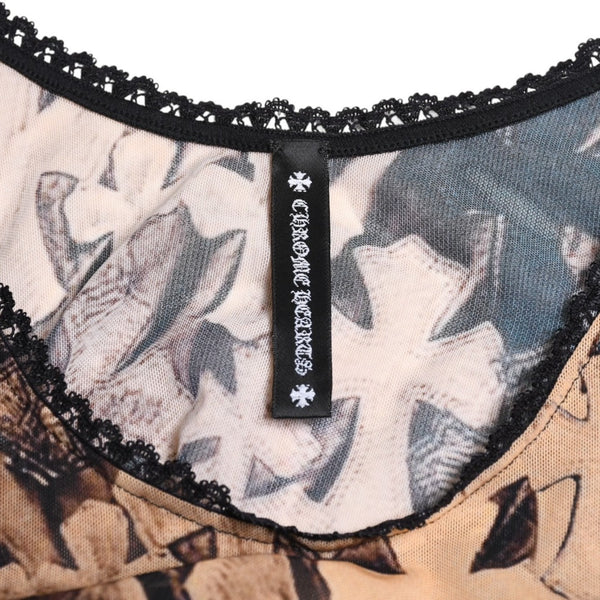 新品未使用 CHROME HEARTS クロムハーツ Waterfall Cross Print Mesh Bodysuit セメタリークロス ボディスーツ Sサイズ 中古 4a003150