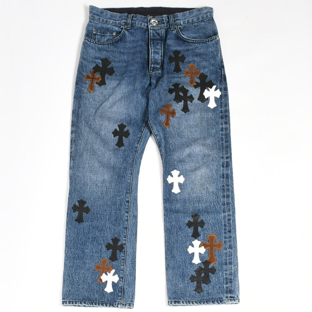 極美品 CHROME HEARTS クロムハーツ セメタリークロスパッチ デニムパンツ ジーンズ サイズ32 35パッチ クロスボール ブルー 中古 4a006043