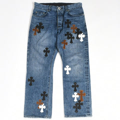 極美品 CHROME HEARTS クロムハーツ セメタリークロスパッチ デニムパンツ ジーンズ サイズ32 35パッチ クロスボール ブルー 中古 4a006043
