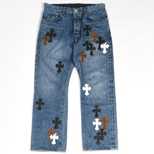 極美品 CHROME HEARTS クロムハーツ セメタリークロスパッチ デニムパンツ ジーンズ サイズ32 35パッチ クロスボール ブルー 中古 4a006043