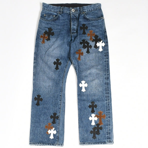 極美品 CHROME HEARTS クロムハーツ セメタリークロスパッチ デニムパンツ ジーンズ サイズ32 35パッチ クロスボール ブルー 中古 4a006043