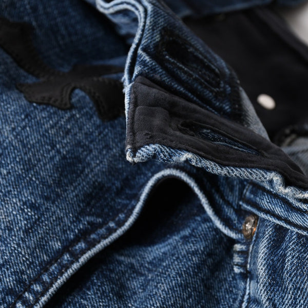 極美品 CHROME HEARTS クロムハーツ セメタリークロスパッチ デニムパンツ ジーンズ サイズ32 35パッチ クロスボール ブルー 中古 4a006043