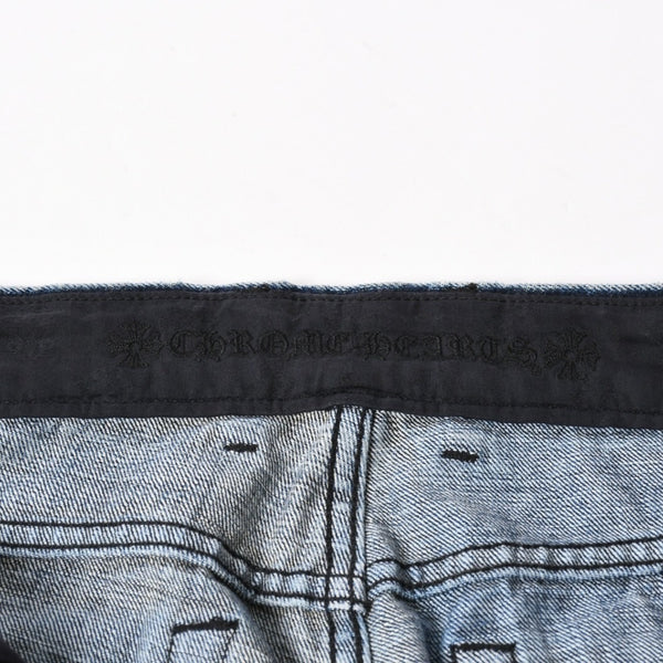極美品 CHROME HEARTS クロムハーツ セメタリークロスパッチ デニムパンツ ジーンズ サイズ32 35パッチ クロスボール ブルー 中古 4a006043