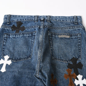 極美品 CHROME HEARTS クロムハーツ セメタリークロスパッチ デニムパンツ ジーンズ サイズ32 35パッチ クロスボール ブルー 中古 4a006043