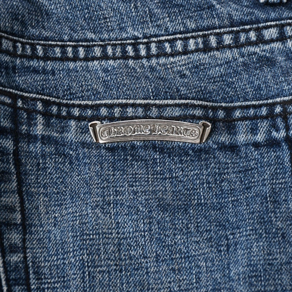 極美品 CHROME HEARTS クロムハーツ セメタリークロスパッチ デニムパンツ ジーンズ サイズ32 35パッチ クロスボール ブルー 中古 4a006043