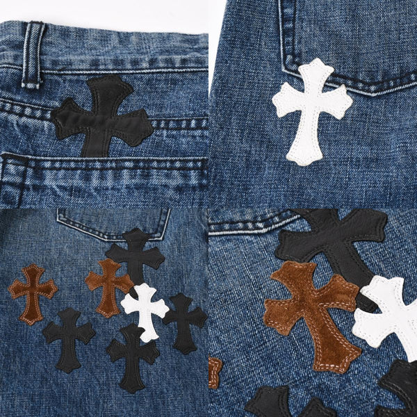 極美品 CHROME HEARTS クロムハーツ セメタリークロスパッチ デニムパンツ ジーンズ サイズ32 35パッチ クロスボール ブルー 中古 4a006043