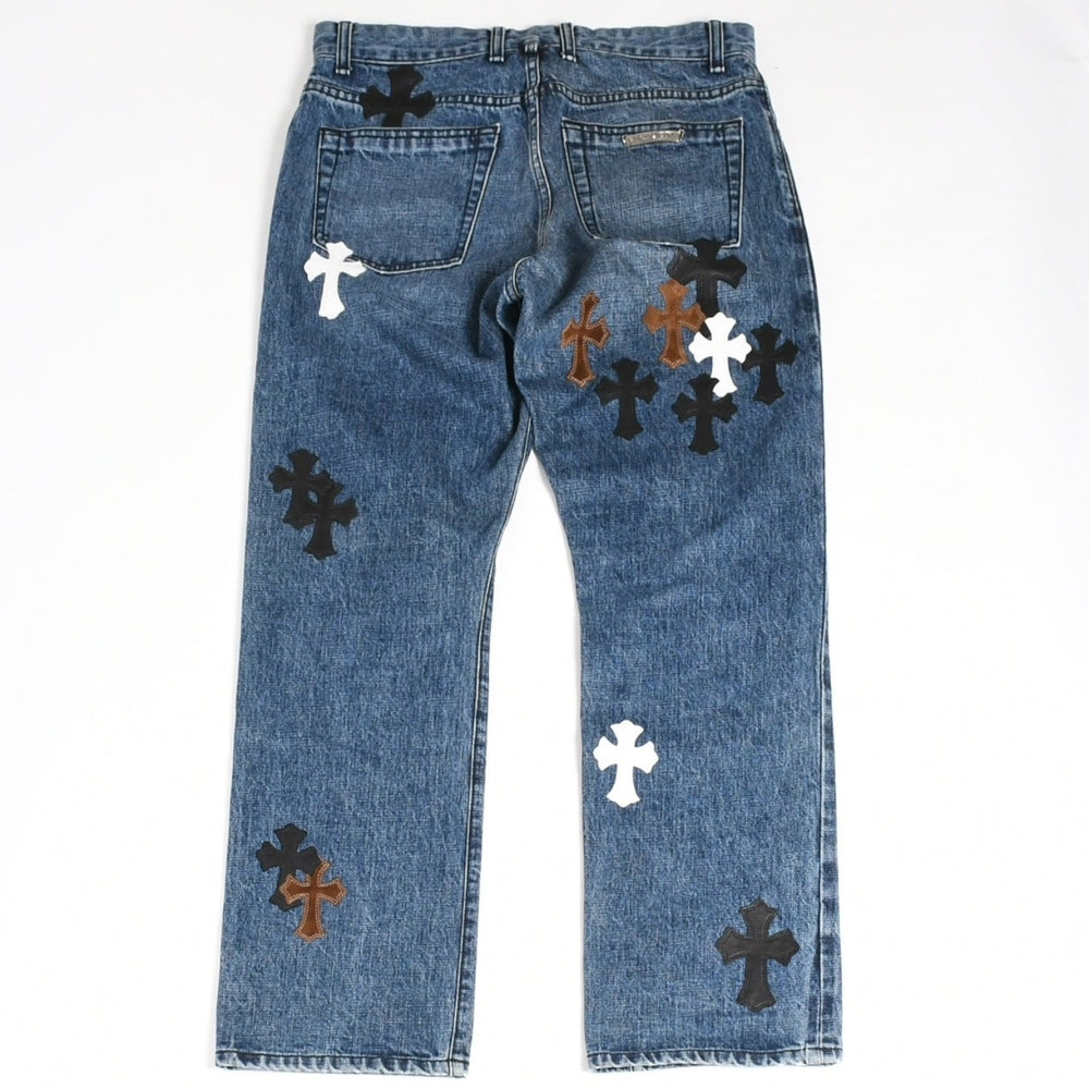 極美品 CHROME HEARTS クロムハーツ セメタリークロスパッチ デニムパンツ ジーンズ サイズ32 35パッチ クロスボール ブルー 中古 4a006043