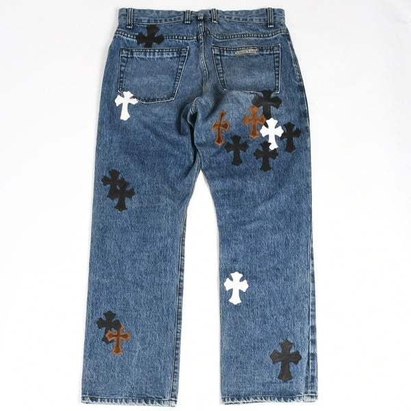 極美品 CHROME HEARTS クロムハーツ セメタリークロスパッチ デニムパンツ ジーンズ サイズ32 35パッチ クロスボール ブルー 中古 4a006043