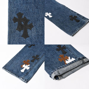 極美品 CHROME HEARTS クロムハーツ セメタリークロスパッチ デニムパンツ ジーンズ サイズ32 35パッチ クロスボール ブルー 中古 4a006043
