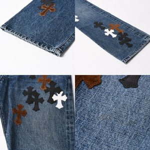 極美品 CHROME HEARTS クロムハーツ セメタリークロスパッチ デニムパンツ ジーンズ サイズ32 35パッチ クロスボール ブルー 中古 4a006043