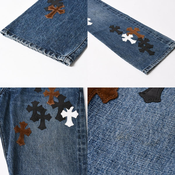極美品 CHROME HEARTS クロムハーツ セメタリークロスパッチ デニムパンツ ジーンズ サイズ32 35パッチ クロスボール ブルー 中古 4a006043