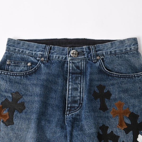 極美品 CHROME HEARTS クロムハーツ セメタリークロスパッチ デニムパンツ ジーンズ サイズ32 35パッチ クロスボール ブルー 中古 4a006043