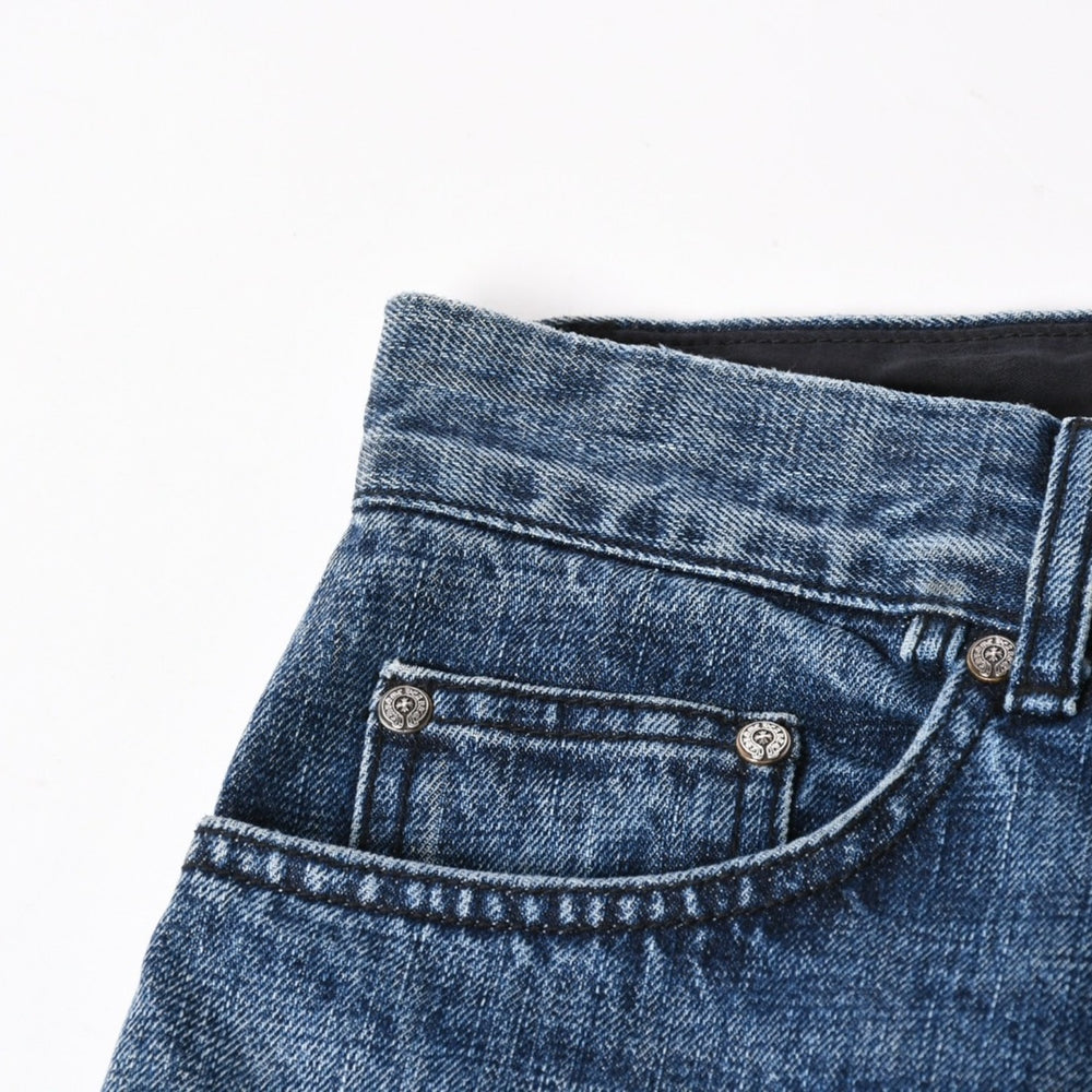 極美品 CHROME HEARTS クロムハーツ セメタリークロスパッチ デニムパンツ ジーンズ サイズ32 35パッチ クロスボール ブルー 中古 4a006043