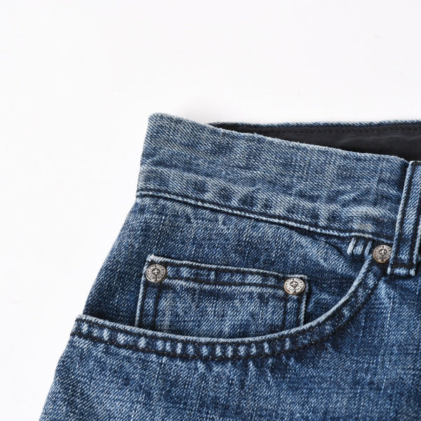 極美品 CHROME HEARTS クロムハーツ セメタリークロスパッチ デニムパンツ ジーンズ サイズ32 35パッチ クロスボール ブルー 中古 4a006043