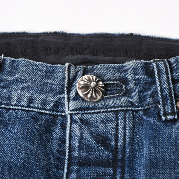 極美品 CHROME HEARTS クロムハーツ セメタリークロスパッチ デニムパンツ ジーンズ サイズ32 35パッチ クロスボール ブルー 中古 4a006043