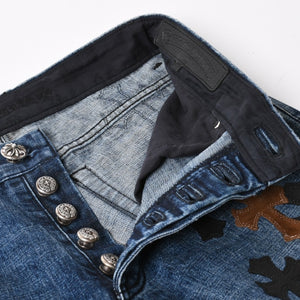 極美品 CHROME HEARTS クロムハーツ セメタリークロスパッチ デニムパンツ ジーンズ サイズ32 35パッチ クロスボール ブルー 中古 4a006043